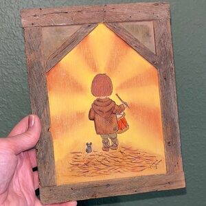Vintage Rustic Framed Painting signed by artist Art with Orange and Brown Tones